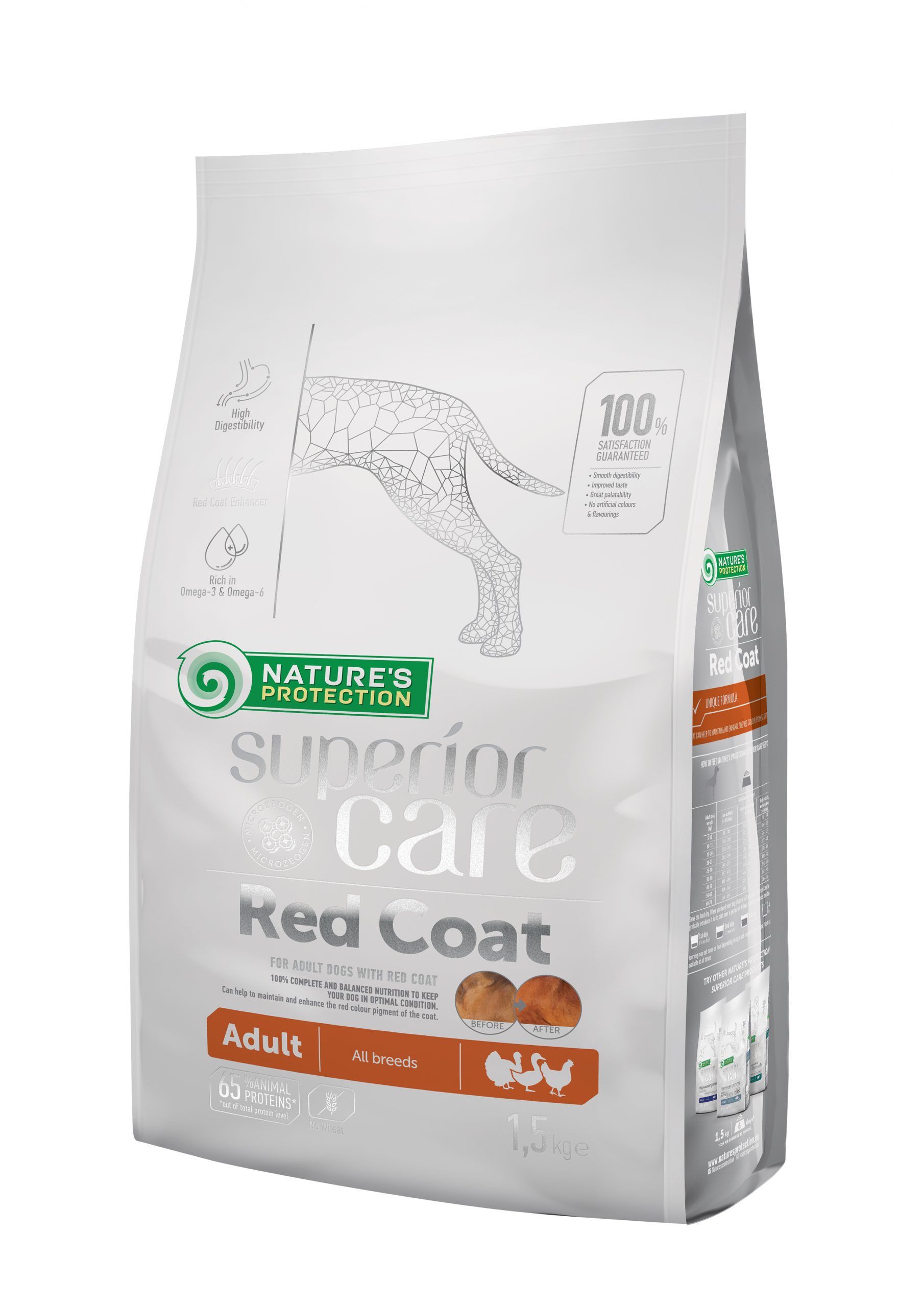 NATURE'S PROTECTION SUPERIOR CARE VISŲ VEISLIŲ RAUDONKAILIŲ ŠUNŲ SAUSAS BEGRŪDIS PAŠARAS SU PAUKŠTIENA 1,5kg