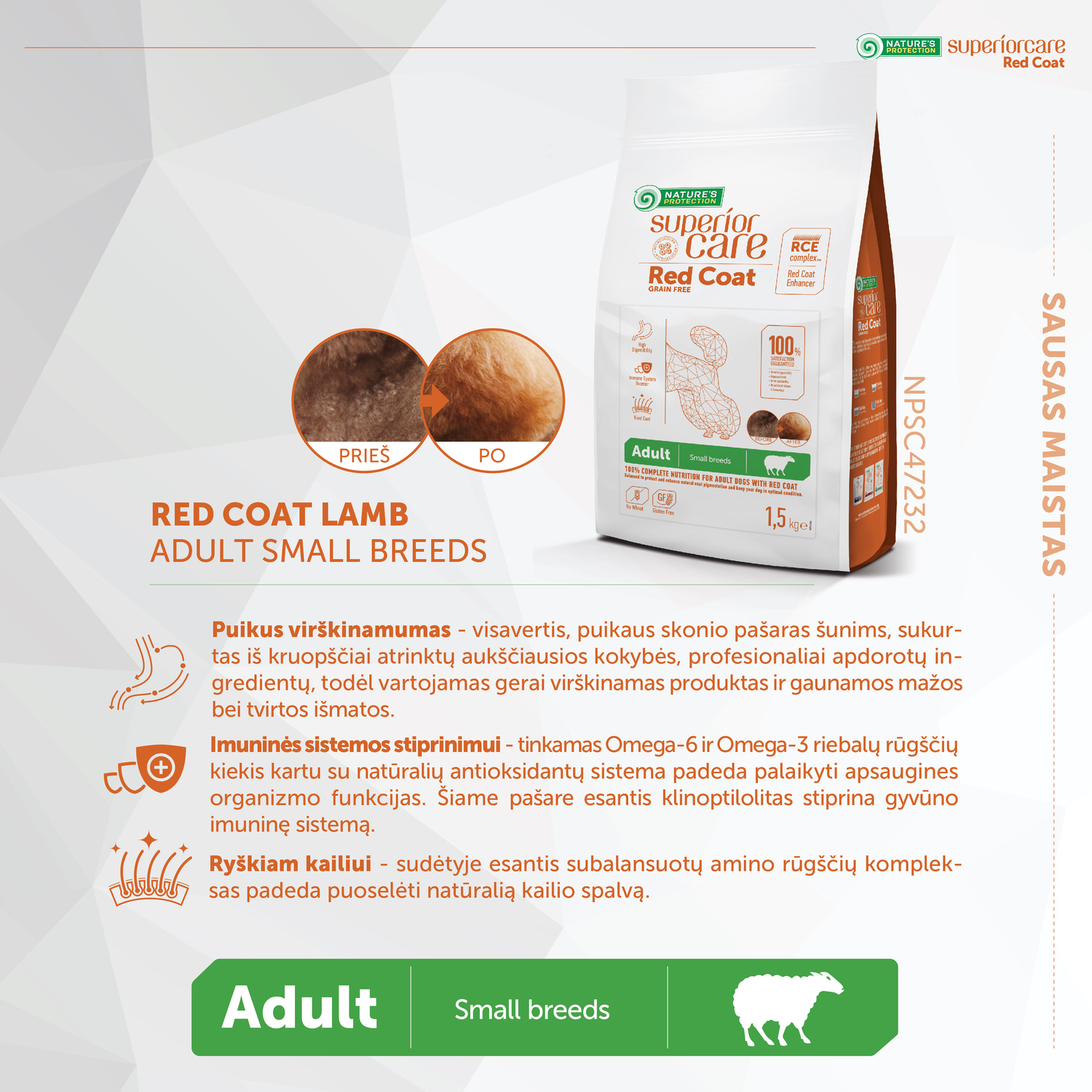 NATURE'S PROTECTION SUPERIOR CARE SUAUGUSIŲ, MAŽŲ VEISLIŲ RAUDONKAILIŲ ŠUNŲ SAUSAS BEGRŪDIS PAŠARAS SU ĖRIENA 1,5 KG